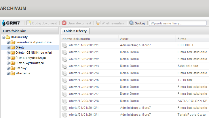 CRM7: Archiwum dokumentów Archiwum dokumentów sprawia, że wszystkie materiały w formie elektronicznej są przechowywane w jednym, centralnym miejscu systemu CRM7.