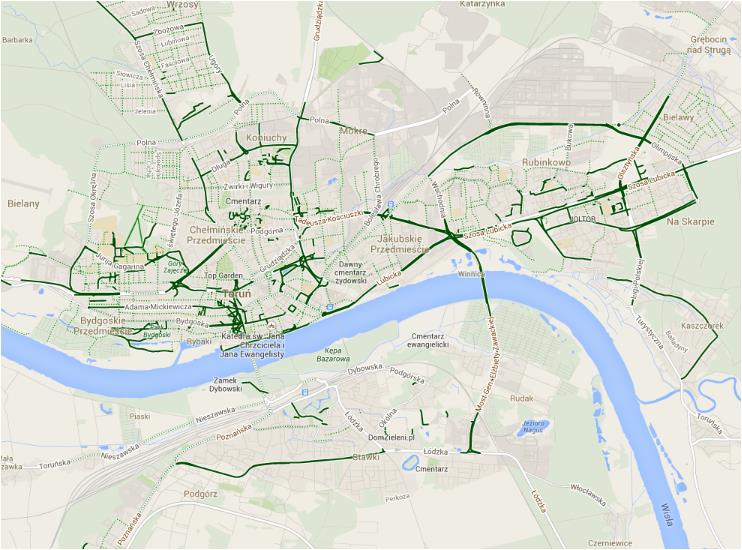 Lokalizację ścieżek rowerowych w Toruniu przedstawia poniższa mapa. Mapa 9 Ścieżki rowerowe w Toruniu w 2014 r. Źródło: https://maps.google.pl/maps/myplaces?hl=pl&ll=53.121023,18.035431&spn=0.