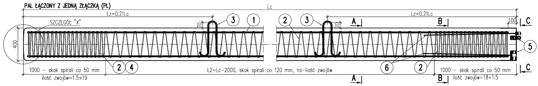 długości prefabrykatu i wymiarów jego przekroju poprzecznego (np. dla pali o przekroju 400x400mm są to schematy: 12#12 - minimalne wymagane, 16#12 oraz 20#12).