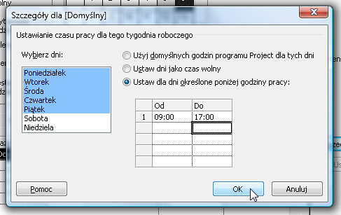 Zaznaczamy nazwy wszystkich dni roboczych, czyli od poniedziałku do piątku i edytujemy godziny po prawej stronie, po ustawieniu opcji Ustaw dla dni określone poniżej