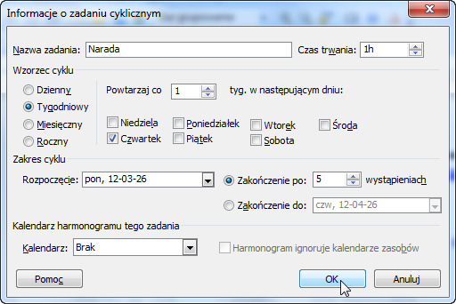 2.16. Zadanie cykliczne Częstym elementem projektów są zadania, które odbywają się cyklicznie w czasie trwania całego projektu lub przez jakiś z góry określony czas.