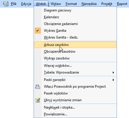 3. Zasoby 3.1. Arkusz zasobów Niezbędnym elementem każdego projektu są zasoby. Najlepszym miejscem do określenia ich jest Arkusz zasobów. Klikamy na menu Widok i wybieramy Arkusz zasobów.