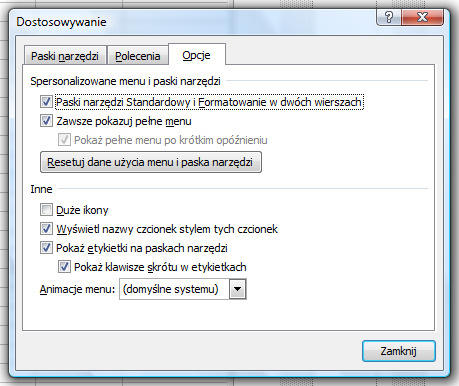 W oknie Dostosowywanie, na zakładce Opcje zaznaczamy dwa pierwsze parametry, czyli Paski narzędzi