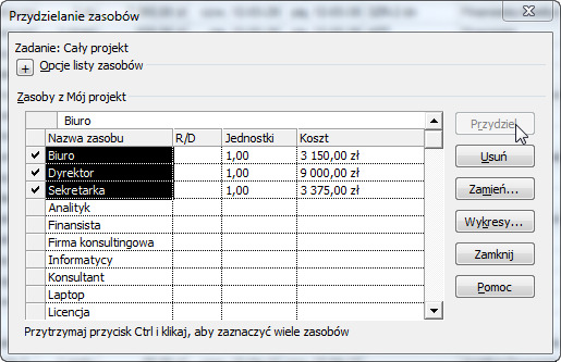 4.2. Przydzielanie zasobów do całego projektu Przypisanie Dyrektora, Sekretarki i Biura do całego projektu nie powinno być wykonane poprzez przypisanie do wszystkich zadań, gdyż spowodowałoby to