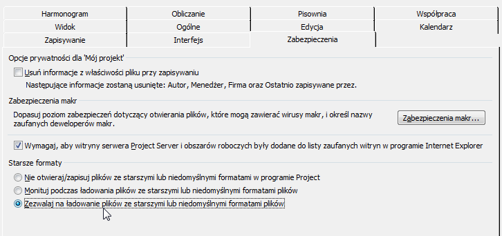 1.3. Zabezpieczenia W trakcie pracy z programem Project z czasem pojawi się potrzeba żeby zapisać dane do innych programów np. Microsoft Excel, Word i innych.