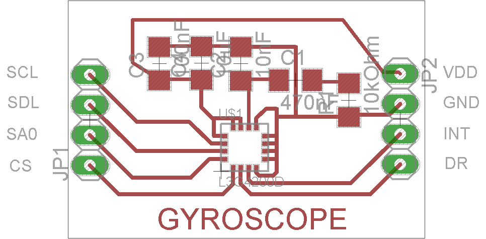 Rozdział 5. Rozwój sprzętowej warstwy robota mobilnego 71 Rysunek 5.16: Płytka PCB modułu żyroskopu trójosiowego Płytka modułu została zaprojektowana z wykorzystaniem elementów SMD w obudowie 1206.