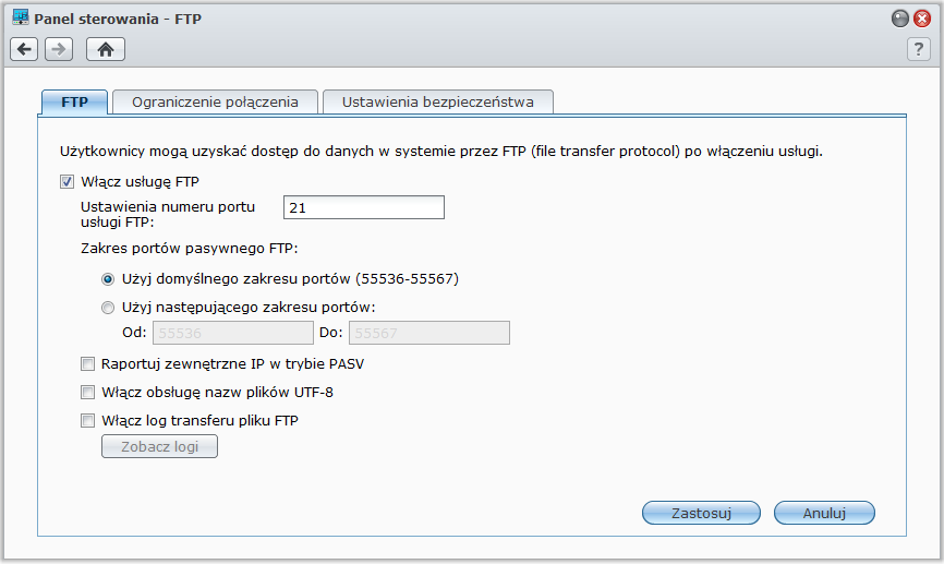 Dostęp do plików przy użyciu protokołu FTP Jeśli serwer Synology DiskStation jest dostępny przez Internet, można użyć aplikacji FTP w celu uzyskania dostępu do folderów współdzielonych.