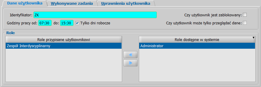 Zarządzanie listą pracowników i kontami użytkowników W przypadku zaznaczenia jedynie opcji Użytkownik, zakładka Pracownik nie jest widoczna, natomiast pojawią się zakładki: Dane użytkownika oraz