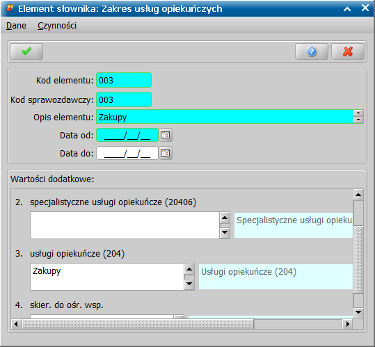 Pielęgnacja słowników i parametrów Dodając nowy element słownika uzupełniamy wartości w polach Kod elementu i Kod sprawozdawczy, Opis elementu oraz Data od.