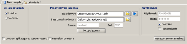 Archiwizacja baz danych Zakładka Baza danych zawiera sekcje: Lokalizacj a bazy, Parametry połączenia, Użytkownik, opcję Uruchom aplikacj ę przy starcie, opcję minimalizuj do tray-a oraz przycisk