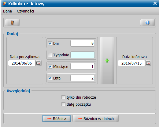 Kalkulator datowy Po jego wybraniu otworzy się okno "Kalkulator datowy", w którym na podstawie podanych dni, tygodni, miesięcy, lat możemy obliczyć datę końcową od podanej daty początkowej oraz