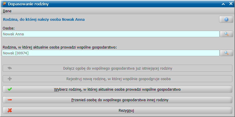 Rodziny dotknięte przemocą osobę wskazaną na liście. Aby dodać nową osobę, wybieramy przycisk Rejestruj jako nową osobę.