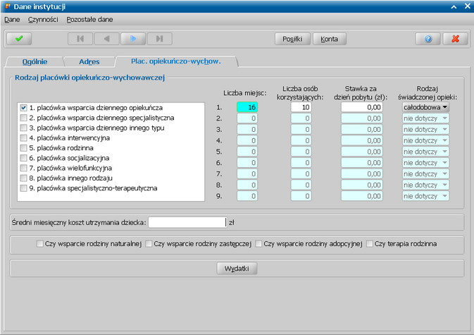Rejestr instytucji Za pomocą przycisku Wydatki możemy zdefiniować miesięczne wydatki placówki.