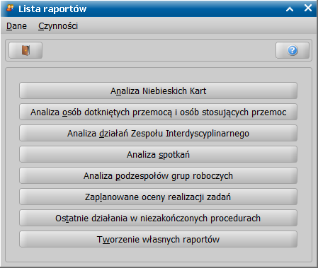 Raporty Analiza Niebieskich Kart Raport "Analiza Niebieskich Kart" prezentuje liczbę Niebieskich Kart, zarejestrowanych w wybranym okresie oraz liczbę rodzin, których dotyczą te karty i liczbę osób