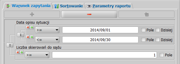 Raporty to w oknie Raport z listy pojawi się dodatkowo zakładka Warunek zapytania, umożliwiając a zaawansowa ne wyszukiwani e danych, poprzez zdefiniowani e warunku wyszukiwani a danych.