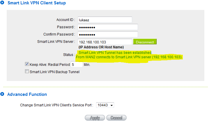 - Smart Link VPN Server adres IP interfejsu WAN routera w trybie serwera w naszym wypadku: 19