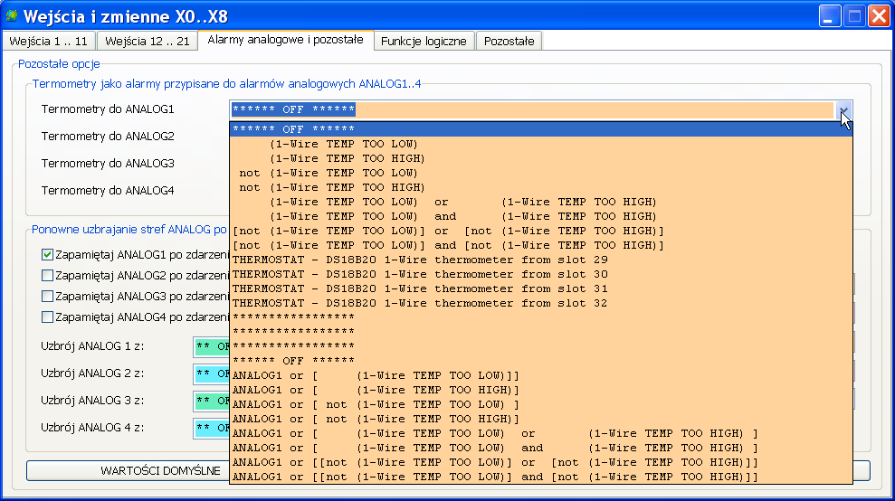 Możemy tutaj ustawić zależności pomiędzy stanem termometrów a strefami alarmów analogowych. Dla każdej ze stref analogowych można zaprogramować inne ustawienia.