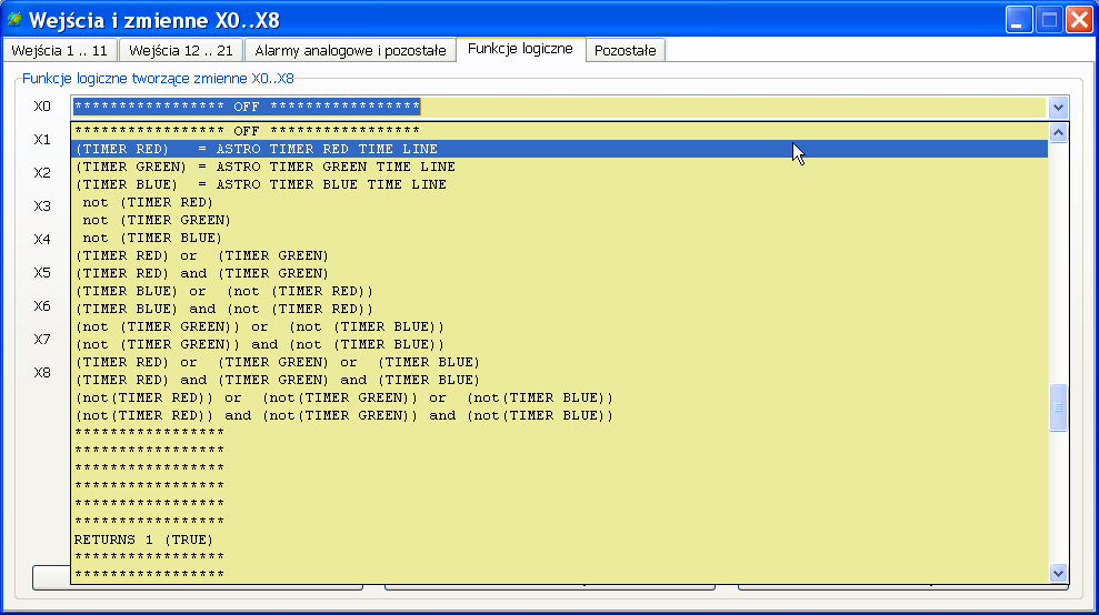20.5. Jak stosować zegar astronomiczny w PLC2011B0 Funkcji logicznych z użyciem zegara astronomicznego możemy użyć do: 20.5.1. Tworzenie worzenie zmiennych X0 X8.