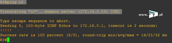 W naszej testowej topologii rolę serwera DNS pełni komputer 172.16.0.10. Po włączeniu serwera i konfiguracji routera, serwer zaczyna rozwiązywać nazwy.