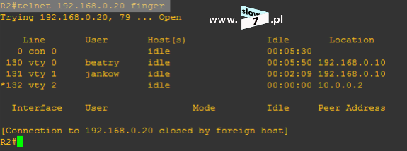 Możliwe jest również wywołanie usługi finger z poziomu linii poleceń innego routera.