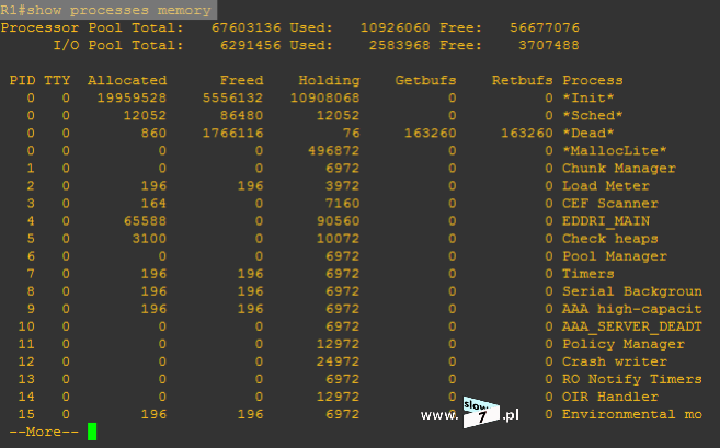 Wydanie polecenia show memory statistics spowoduje wyświetlenie statystyki używanej pamięci.