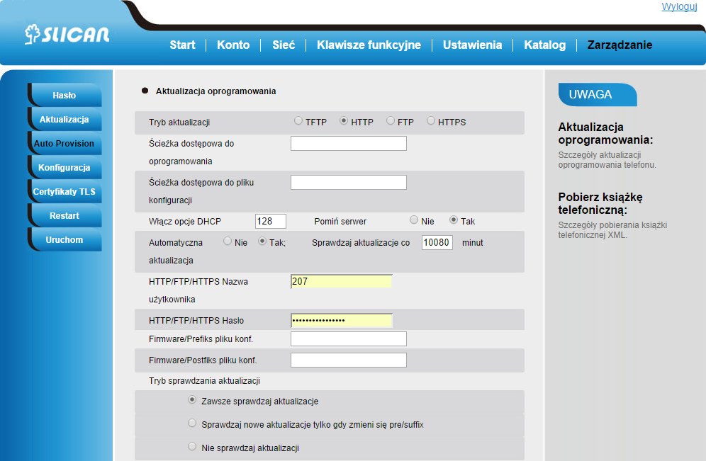 Naciśnij: Menu Ustawienia Ustawienia zaawansowane( hasło domyślne: admin) Ustawienia telefonu Auto Provision Upgrade Mode(wybrać metodę).