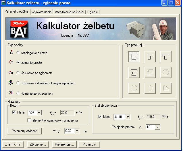 93 5.3. KALKULATOR ŻELBETU Zaprojektować belkę żelbetową o rozpiętości L=7,5 m. obciążoną dwiema siłami V=15 kn. Beton B25, stal AIII, klasa ekspozycji XC2 Po otwarciu kalkulatora l.m. w zakładkę :kalkulator żelbetu Wyświetla się okno dialogowe jak na rysunku poniżej.