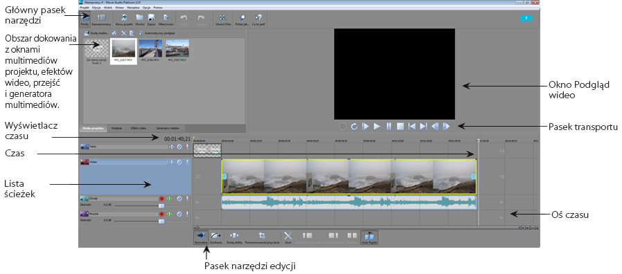 Okno aplikacji Movie Studio Platinum Rozdział 2 Okno Movie Studio Platinum to przestrzeń, w której edytujesz swój projekt. Ekran jest podzielony na kilka obszarów.