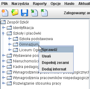 sprawdzenie poprawności danych w całym pliku - na drzewku należy wybrać pierwszą zakładkę z nazwą szkoły/placówki i prawym klawiszem myszy uaktywnić funkcję Sprawdź, dopełnienie zerami pustych pól w