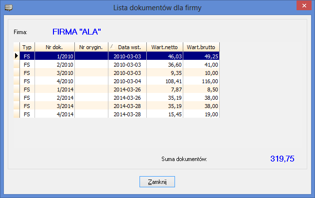 Rys. 7. Lista dokumentów powiązanych z firmą. 5.1.6. Wyszukiwanie firmy w kartotece.