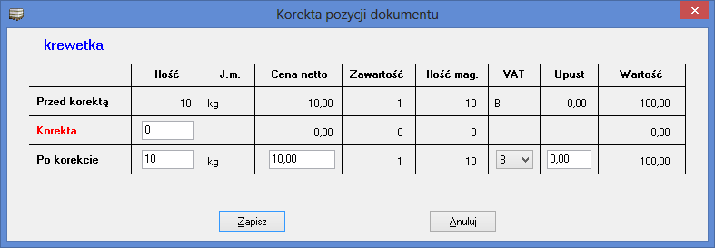 j W oknie tym znajdują się dane o fakturze zakupu, która została skorygowana, tj.: nr faktury, data wystawienia, nazwa dostawcy oraz dane o kwotach netto, brutto i podatku VAT.