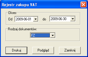 j 12.7. REJESTR VAT ZAKUPU Funkcja ta pozwala na wydruk rejestru VAT zakupu z określonymi parametrami za dany okres czasu. Po jej wywołaniu ukazuje się okno (Rys.