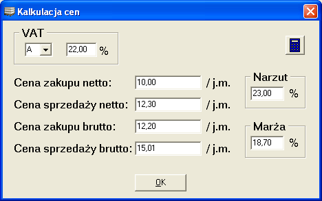 j Rys. 4. Okno kalkulacji cen. W oknie tym, z listy wyboru (w lewym górnym rogu) wybieramy stawkę VAT poszczególne litery odpowiadają róŝnym stawkom VAT (zdefiniowanym w module konfiguracyjnym).