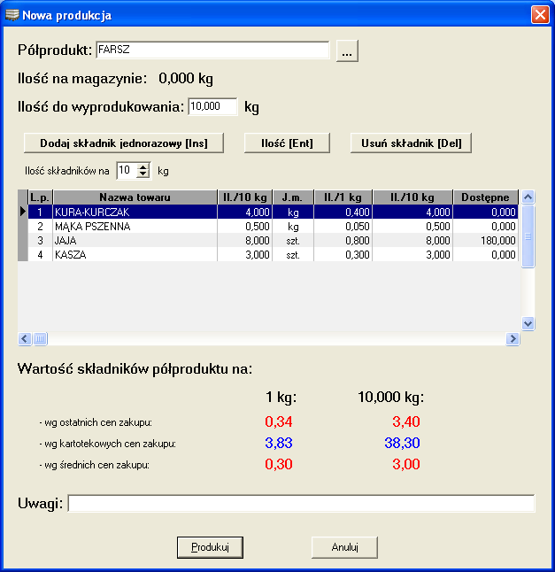 j obok okienka nazwy półproduktu. NaleŜy tutaj dodać, Ŝe produkować moŝemy tylko półprodukty, które mogą posiadać stany magazynowe. Są one oznaczone kolorem zielonym.