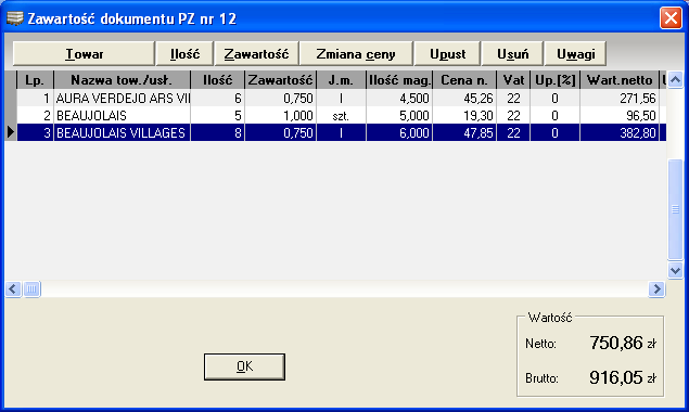 W dolnej części okna z zawartością mamy zawsze aktualną sumę pozycji umieszczonych w zawartości. Kliknięcie przycisku OK powoduje zamknięcie okna zawartości i powrót do okna wystawiania dokumentu PZ.