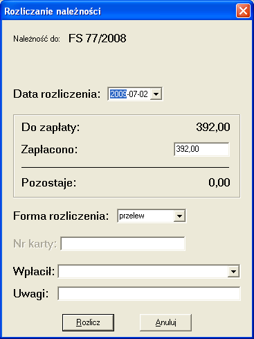 Rys. 45. Rozliczanie naleŝności. Domyślną formą rozliczenia jest ta, którą wybrano na dokumencie sprzedaŝy powiązanym z naleŝnością.