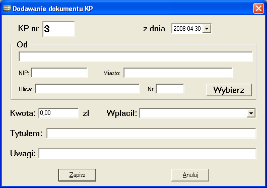 automatycznie, jednakŝe istnieje moŝliwość ich zmiany. Przy pomocy przycisku Wybierz określamy nazwę podmiotu, od którego pochodzi wpłata do kasy.