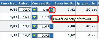 Rys. Edytuj rabat 1.4.2.4 Jak przywrócić cenę realizacji netto Jeżeli towar ma zmienioną cenę netto to powrót do ceny przed zmianą jest możliwy po wciśnięciu ikony.