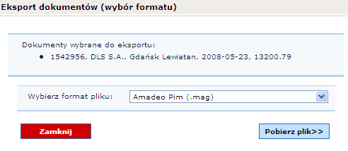 2. Zaznaczamy fakturę którą chcemy zaimportować. Rys. Historia dokumentów 3. Naciskamy przycisk. Pojawi się nowe okno Eksport dokumentów. Rys. Wybór formatu 4.