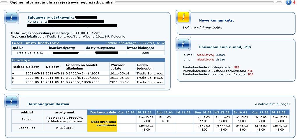 1.2.1 Informacje W tym menu znajdują się następujące zakładki: 1.2.1.1 Informacje W tej zakładce odbiorca jest informowany o: nazwie użytkownika, nazwie kontrahenta, dacie ostatniego