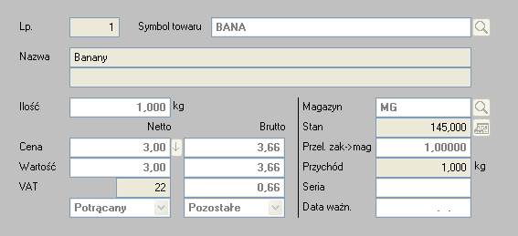 128 LiderSIM Zakładka Pozycje służy do zarejestrowania wykazu towarów i usług wymienionych na dokumencie zakupu.