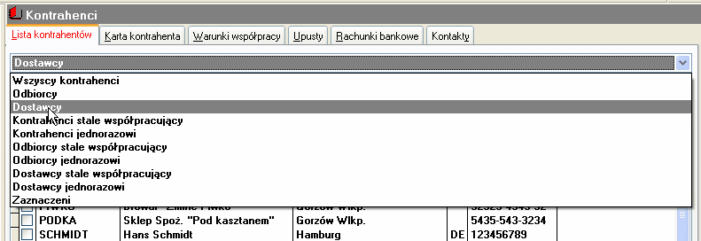 142 LiderSIM 5.4 Rozrachunki 5.4.1 Kontrahenci Opcja <Kontrahenci> w menu Rozrachunki służy do wywołania formularza,którego zadaniem jest obsługa wykazu kontrahentów występujących w sprzedaży,zakupach i operacjach magazynowych.