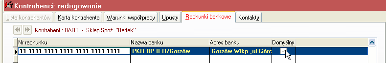 144 LiderSIM Zakładka Rachunki bankowe pozwala określić rachunki bankowe kontrahenta z zaznaczeniem rachunku umieszczanego domyślnie na dokumentach przy płatnościach bezgotówkowych na rzecz