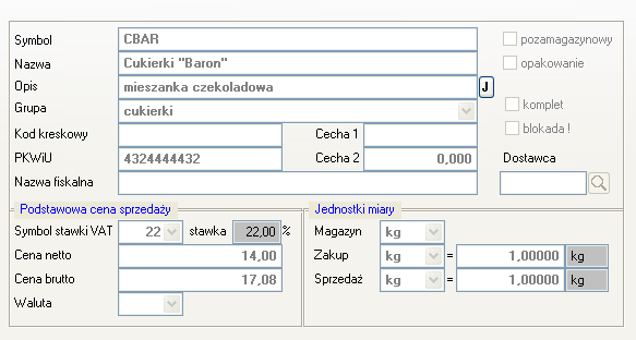 Opis menu programu Lider SIM 157 Symbol towaru nadajemy dopisując nowy towar do wykazu.każdy towar musi mieć swój unikalny symbol i program nie dopuszcza do powtórzeń w wykazie.