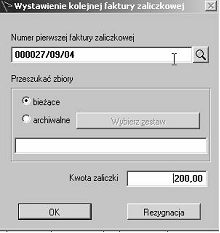 34 LiderSIM W kolejnym formularzu podajemy nr pierwszej faktury zaliczkowej związanej z zamówieniem (możliwy wybór z listy dokumentów bieżącego lub poprzednich zestawów) i kwotę kolejnej zaliczki