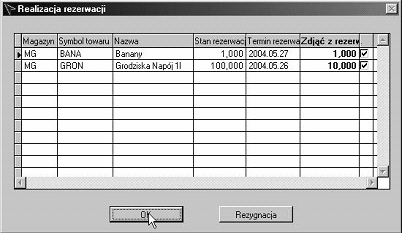 46 LiderSIM Jeżeli towary, dla których nabywca ma rezerwację wystąpią wśród pozycji dokumentu sprzedaży to przy zapisie tego dokumentu program proponuje zarejestrowanie operacji zdjęcia (przez