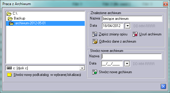 W celi stworzenia archiwum należy wskazać katalog, w którym umieszczane są kolejne archiwa, nadać nazwę naszemu archiwum i datę jego utworzenia a następnie kliknąć przycisk Stwórz nowe archiwum.