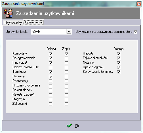 graniczeniem programu jest brak możliwości edycji uprawnień dla użytkownika ADMIN.