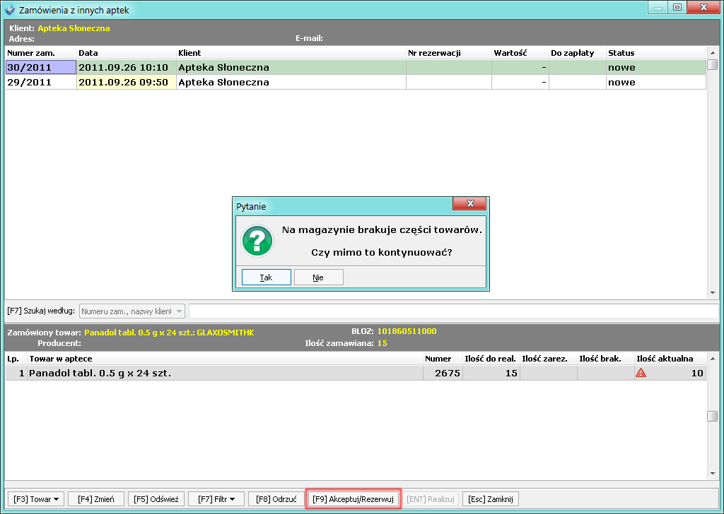 Przy pomocy przycisku [F9] Akceptuj/Rezerwuj rezerwujemy towar w magazynie.