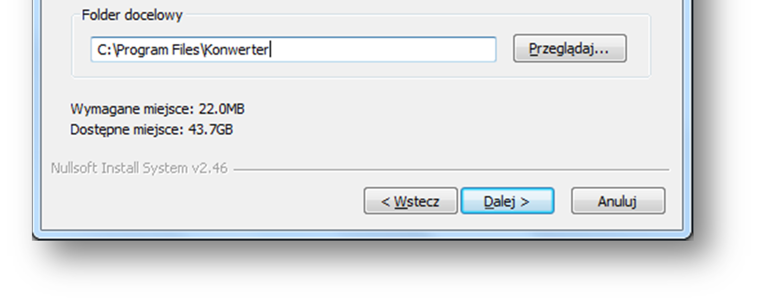 Następny krok to wybór katalogu, w którym ma zostać zainstalowana aplikacja. Domyślny katalog to C:\Program Files\Konwerter.